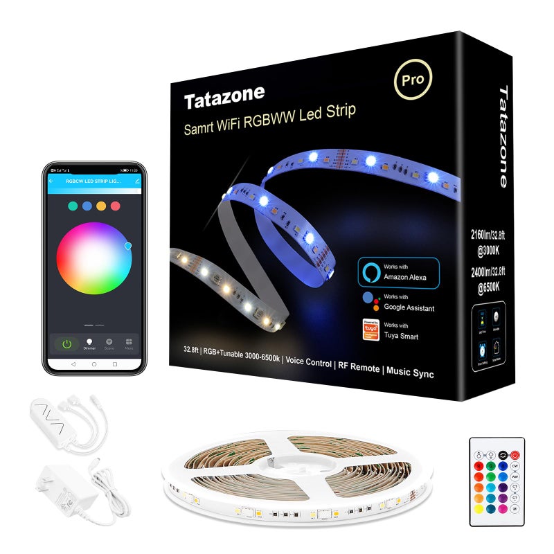 Tatazone أضواء شريط LED الذكية Tatazone RGBWW، 32.8 قدم، أبيض قابل للتعديل من 3000K إلى 6500K + أضواء LED ملونة WiFi تعمل مع أليكسا وجوجل، أضواء حبل متزامنة مع الموسيقى لتغيير الألوان للاستخدام الداخلي في المطبخ، الغرفة، الخزانة - Image 1