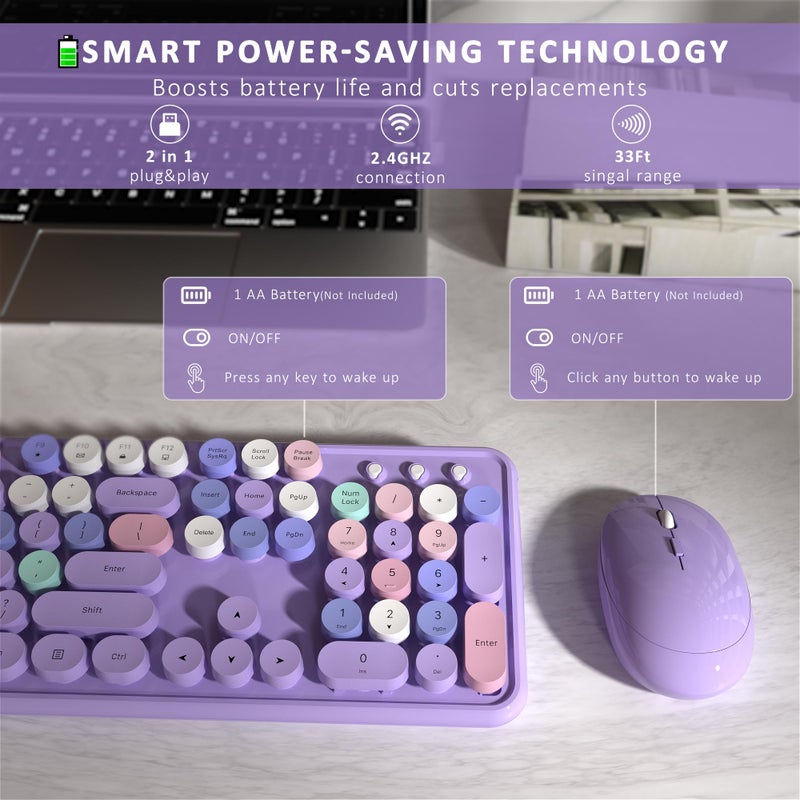 Links9+ Wireless Keyboard and Mouse, Full-Size Retro Typewriter Keyboard with Round Keycaps, 2.4GHz for Windows, Mac, Laptop, PC, Desktop (Purple Colorful) - Image 5