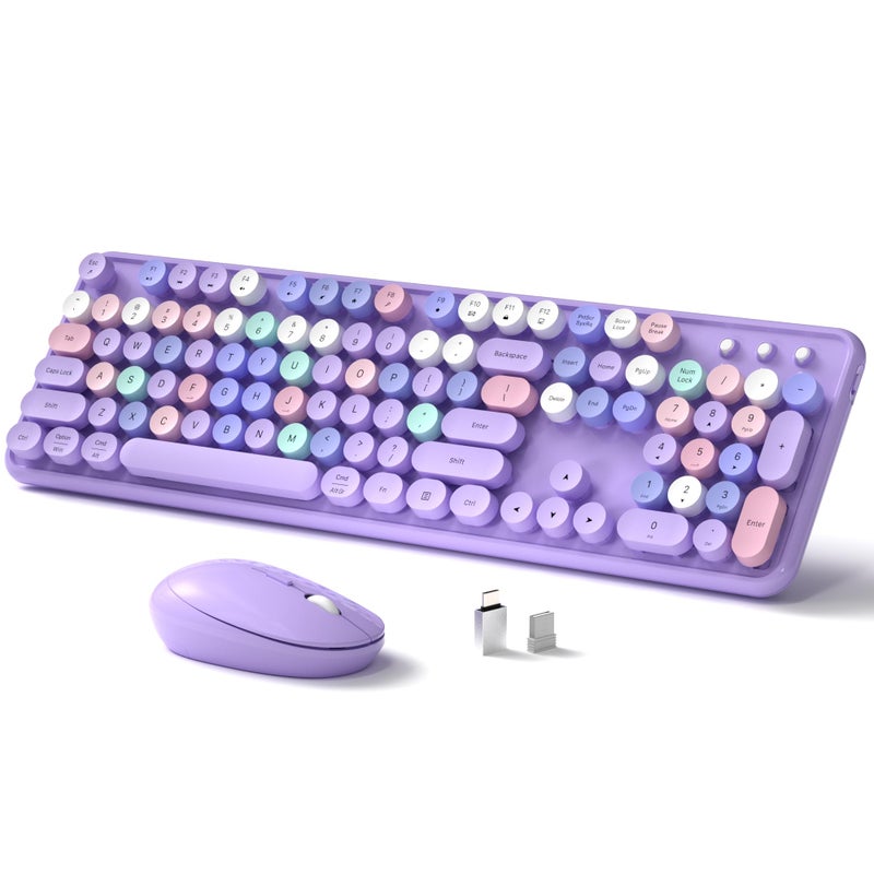 Links9+ Wireless Keyboard and Mouse, Full-Size Retro Typewriter Keyboard with Round Keycaps, 2.4GHz for Windows, Mac, Laptop, PC, Desktop (Purple Colorful) - Image 1