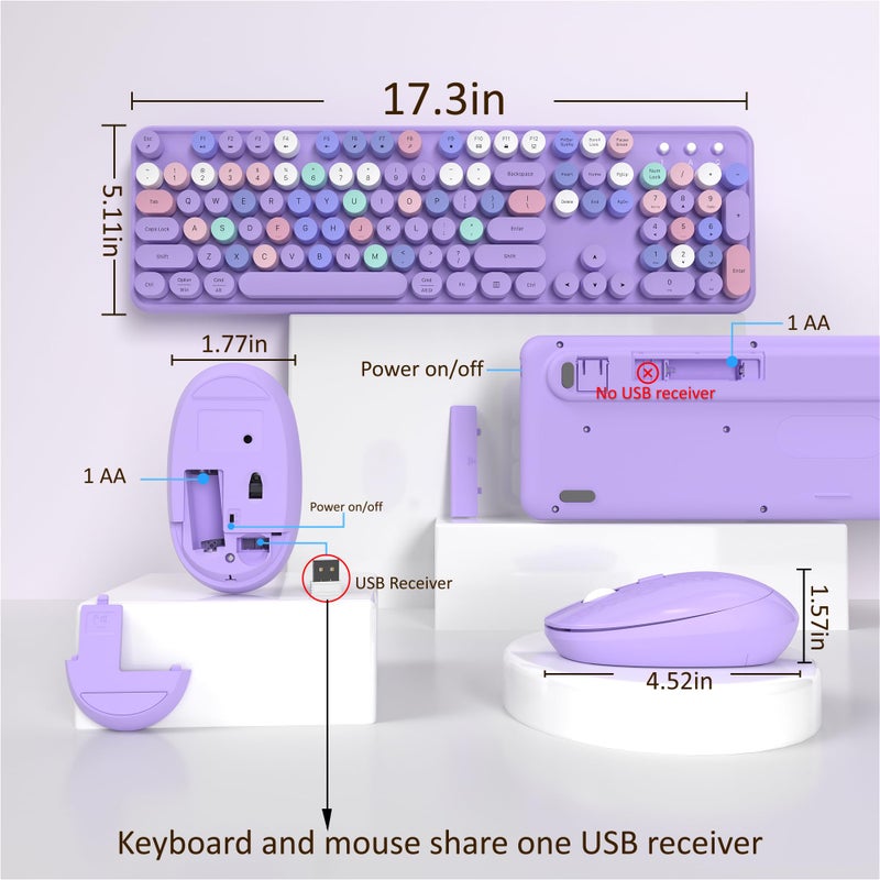 Links9+ Wireless Keyboard and Mouse, Full-Size Retro Typewriter Keyboard with Round Keycaps, 2.4GHz for Windows, Mac, Laptop, PC, Desktop (Purple Colorful) - Image 4
