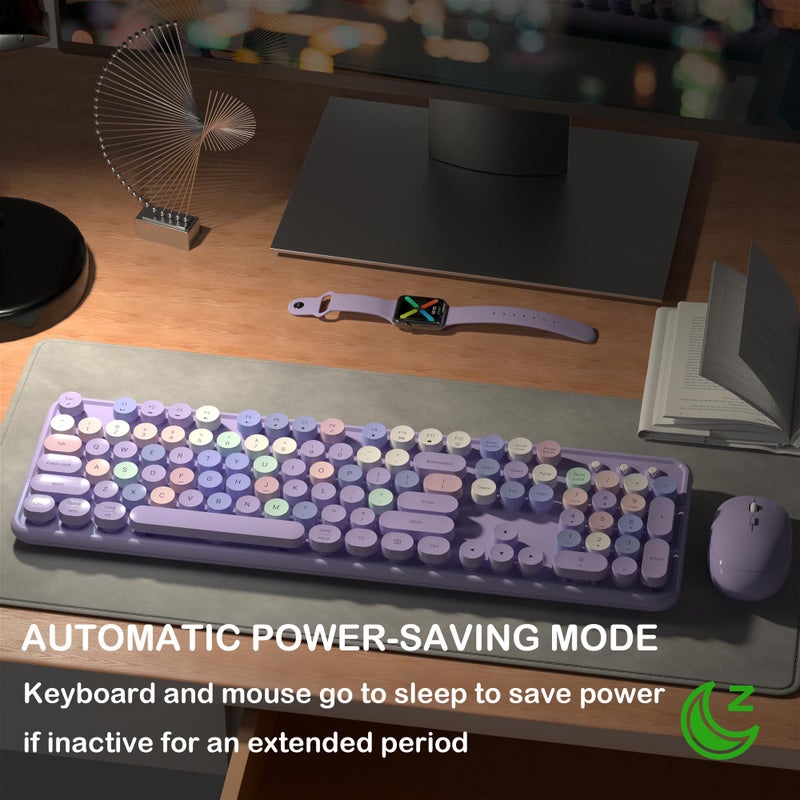 Links9+ Wireless Keyboard and Mouse, Full-Size Retro Typewriter Keyboard with Round Keycaps, 2.4GHz for Windows, Mac, Laptop, PC, Desktop (Purple Colorful) - Image 2
