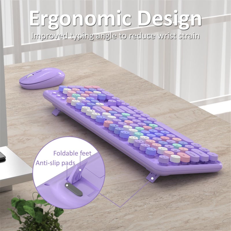 Links9+ Wireless Keyboard and Mouse, Full-Size Retro Typewriter Keyboard with Round Keycaps, 2.4GHz for Windows, Mac, Laptop, PC, Desktop (Purple Colorful) - Image 3