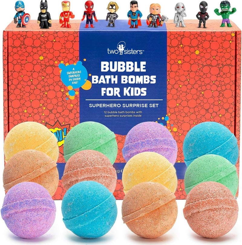 Superhero Boys Bath Bombs with Surprise Hero Toys Inside 12 Pack  Large Bubble Bomb Fruity Scents Relaxing Aromas  Ideal Birthday Gift for Kids by Two Sisters