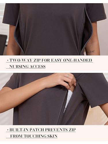 Ecavus Women's Oversized Nursing Shirts for Breastfeeding with Hidden Zipper Short Sleeves Side Splits Maternity Tops Deep Gray - Image 4