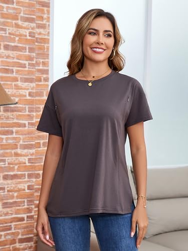 Ecavus Women's Oversized Nursing Shirts for Breastfeeding with Hidden Zipper Short Sleeves Side Splits Maternity Tops Deep Gray - Image 5