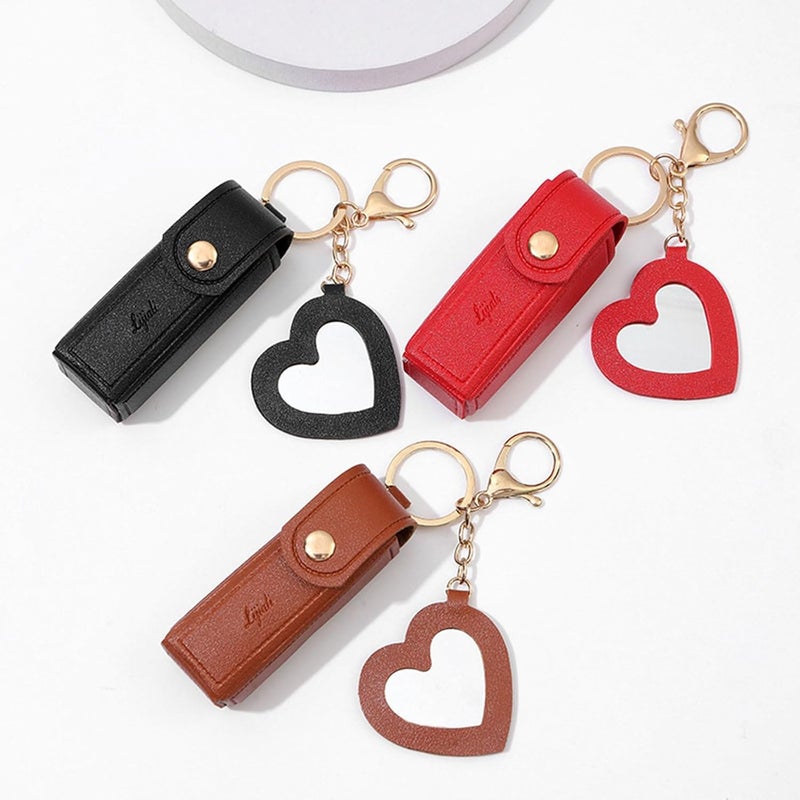 Lipstick Organizer Keychain Leather Bag With Heart Pendant For Women Portable Lip Gloss Case For Travel Backpack Bag Keychain - Image 3