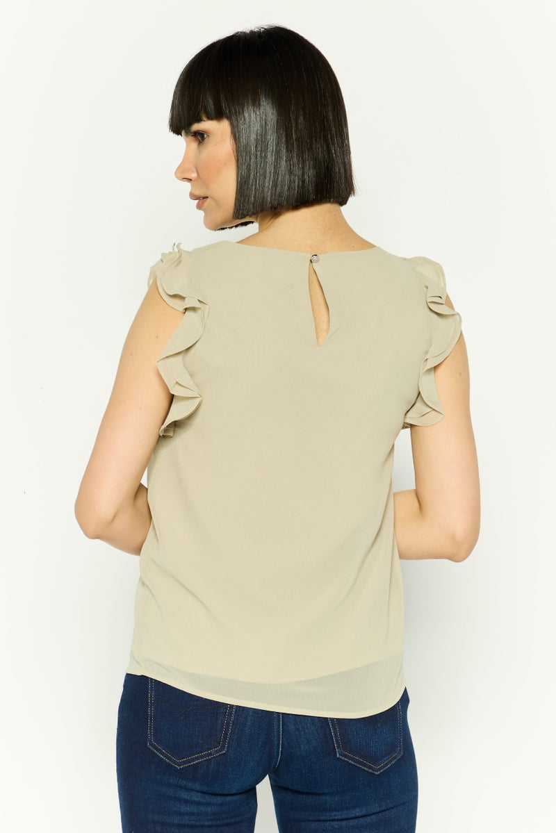 ESPRIT Women Round Neck Ruffle Sleeve Plain Top, Mint Grey - Image 4