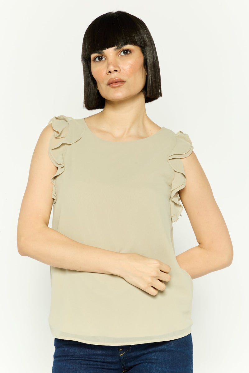 ESPRIT Women Round Neck Ruffle Sleeve Plain Top, Mint Grey - Image 1
