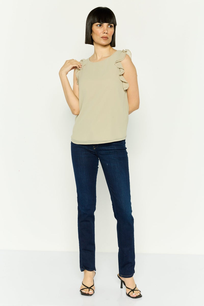 ESPRIT Women Round Neck Ruffle Sleeve Plain Top, Mint Grey - Image 2