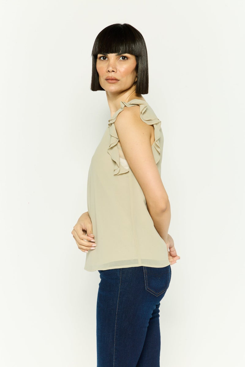 ESPRIT Women Round Neck Ruffle Sleeve Plain Top, Mint Grey - Image 3
