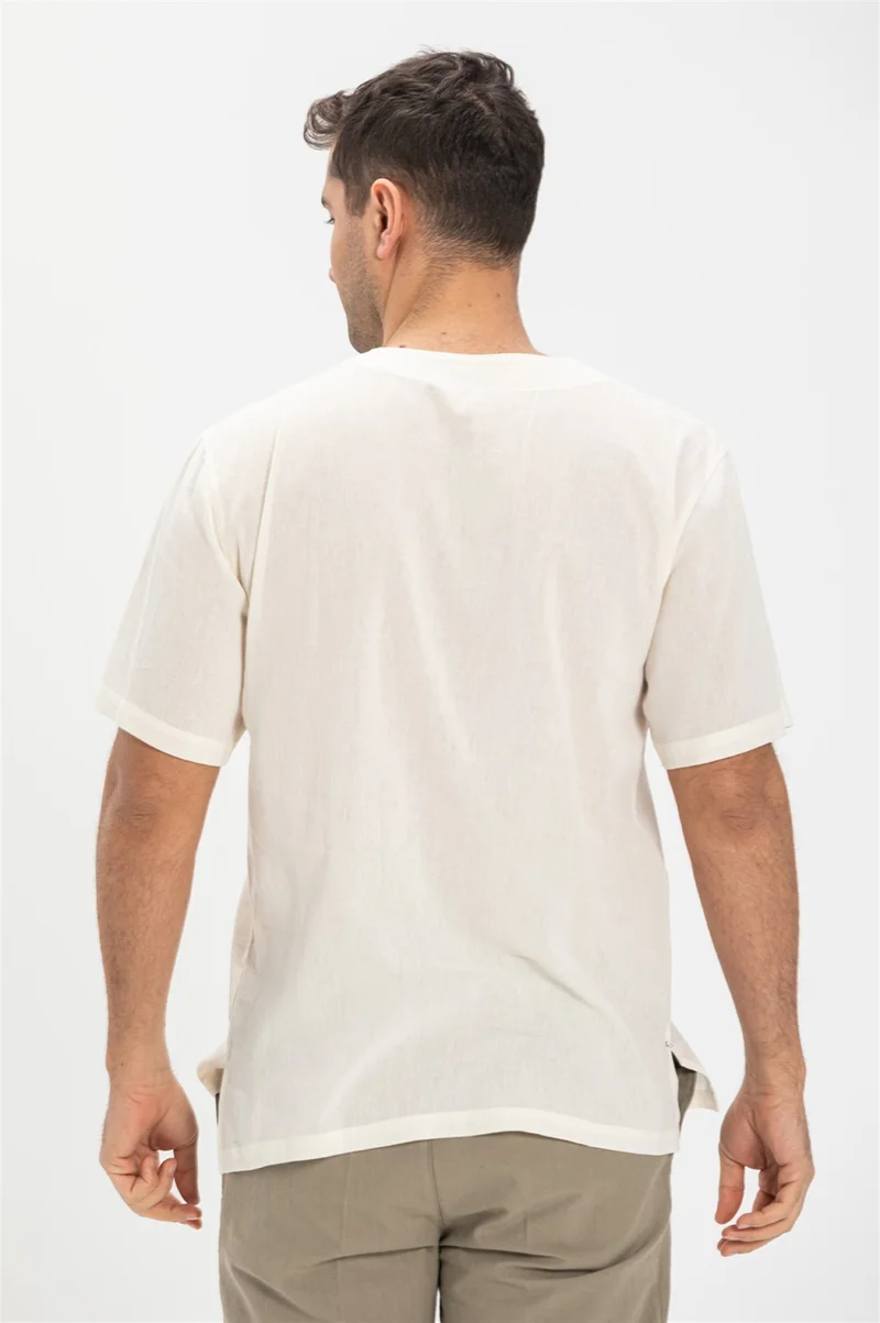 اليش شيل بيزي Kısa Kol Şile Bezi Zımbalı Erkek Tshirt Krem 3002