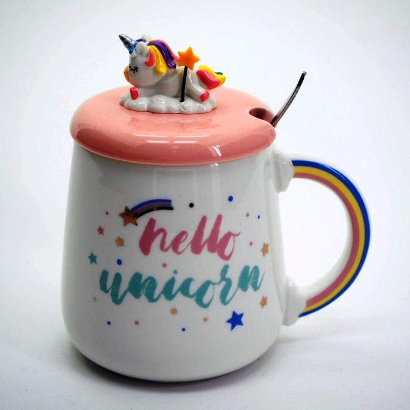 OANGO Unicorn Ceramic Coffee Cup/Tea & Coffee Mug Creative Gift Fashion Mug with Lid & Spoon-320ml (Hello Unicorn) - Image 5