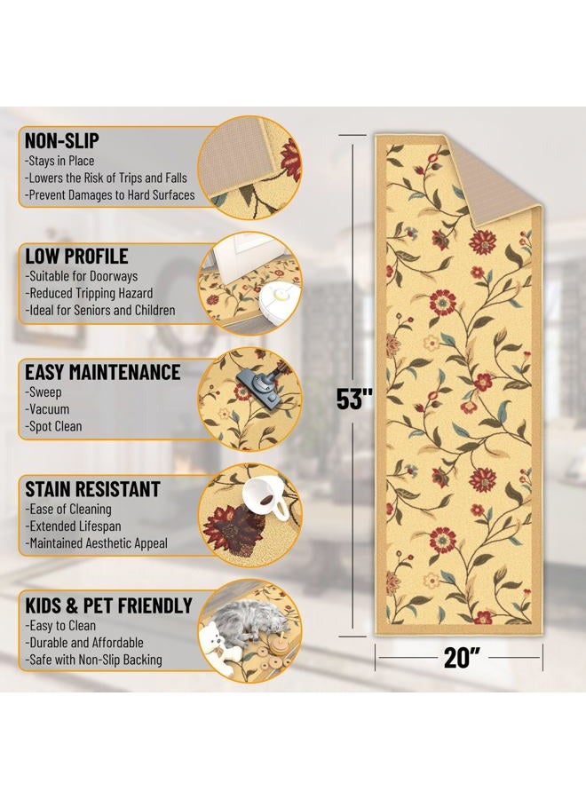 Ottomanson Hallway Runner Rug 20" x 59" Non Slip Floral Area Rugs Easy to Clean Laundry Rug Runner Durable & Pet Friendly Floor Carpet Runners for Hallways Entryway Living Room Kitchen Bathroom, Beige - Image 2