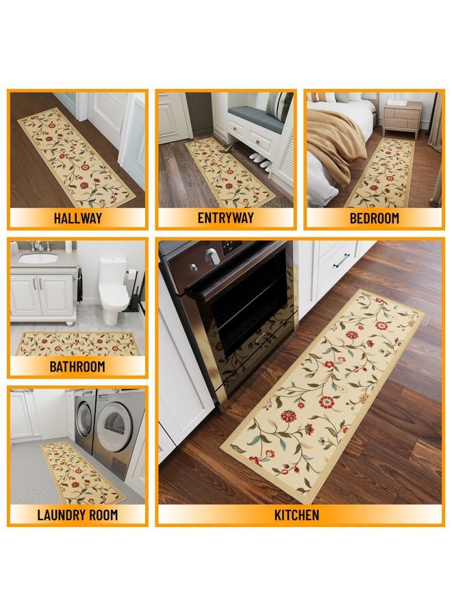 Ottomanson Hallway Runner Rug 20" x 59" Non Slip Floral Area Rugs Easy to Clean Laundry Rug Runner Durable & Pet Friendly Floor Carpet Runners for Hallways Entryway Living Room Kitchen Bathroom, Beige - Image 3