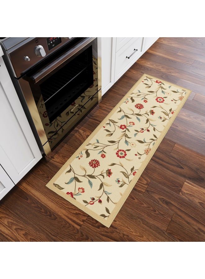 Ottomanson Hallway Runner Rug 20" x 59" Non Slip Floral Area Rugs Easy to Clean Laundry Rug Runner Durable & Pet Friendly Floor Carpet Runners for Hallways Entryway Living Room Kitchen Bathroom, Beige - Image 1