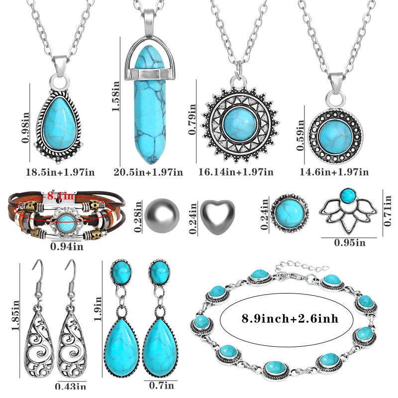 NEWITIN 13 Pieces Silver Bohemian Jewelry Set for Women Fashion Costume Jewels Turquoise Necklace Bracelet Earrings Western Turquoise Jewelry Set for Women - Image 2