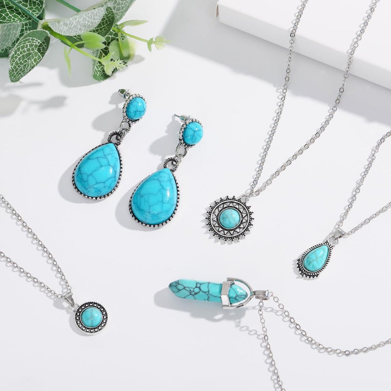 NEWITIN 13 Pieces Silver Bohemian Jewelry Set for Women Fashion Costume Jewels Turquoise Necklace Bracelet Earrings Western Turquoise Jewelry Set for Women - Image 3