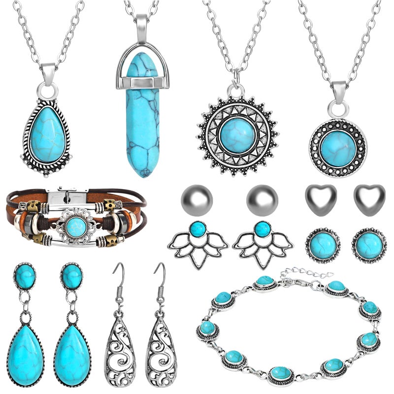 NEWITIN 13 Pieces Silver Bohemian Jewelry Set for Women Fashion Costume Jewels Turquoise Necklace Bracelet Earrings Western Turquoise Jewelry Set for Women - Image 1