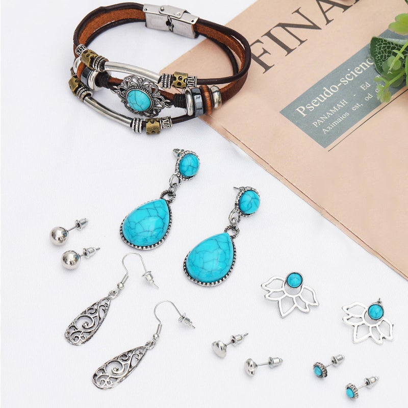 NEWITIN 13 Pieces Silver Bohemian Jewelry Set for Women Fashion Costume Jewels Turquoise Necklace Bracelet Earrings Western Turquoise Jewelry Set for Women - Image 4