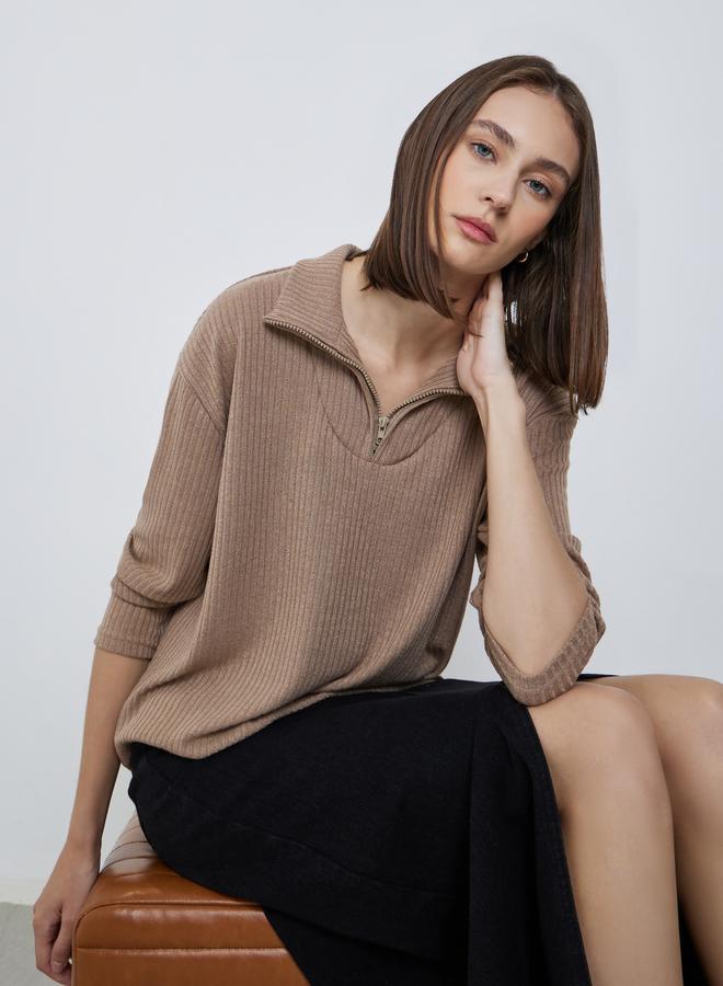 Styli Khaki Solid Ribbed Sweatshirt - Image 1