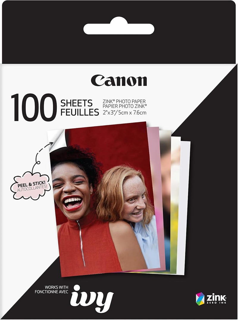 Canon Zink Sticky Back Photo Paper Pack (100 Sheets), Compatible To Ivy Mini Photo Printer, Ivy Cliq +2 Instant Camera Printer And Ivy Cliq 2 Instant Camera Printer - Image 1