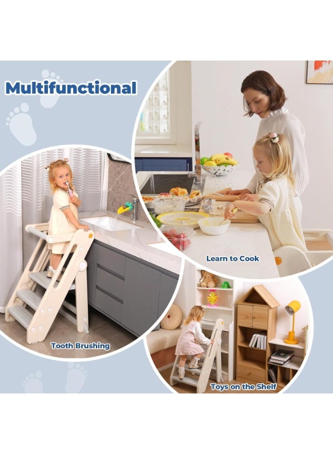 والالا كرسي مطبخ للأطفال قابل للطي، برج تعليمي بارتفاع قابل للتعديل، برج قائم غير قابل للانزلاق بجانب السرير، سلم متعدد الوظائف للأطفال لطاولة المطبخ وحوض الحمام مع مقابض، سكة أمان - Image 4