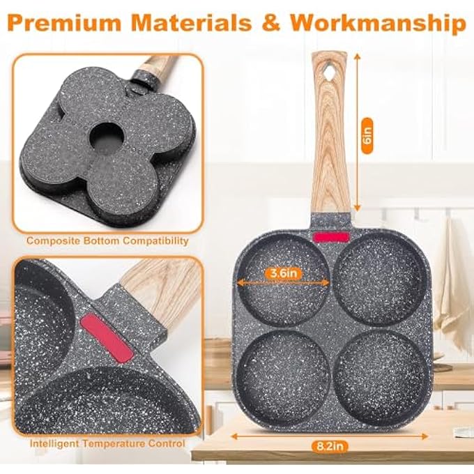 Bukela 4 Cup Egg Pan Egg Pans Nonstick Healthy Breakfast Pancake Pan Aluminum Omelette Pan Fried Egg Cooker Suitable For Gas Stove  Induction Cookware With Scraper  Brush Color Random - Image 4