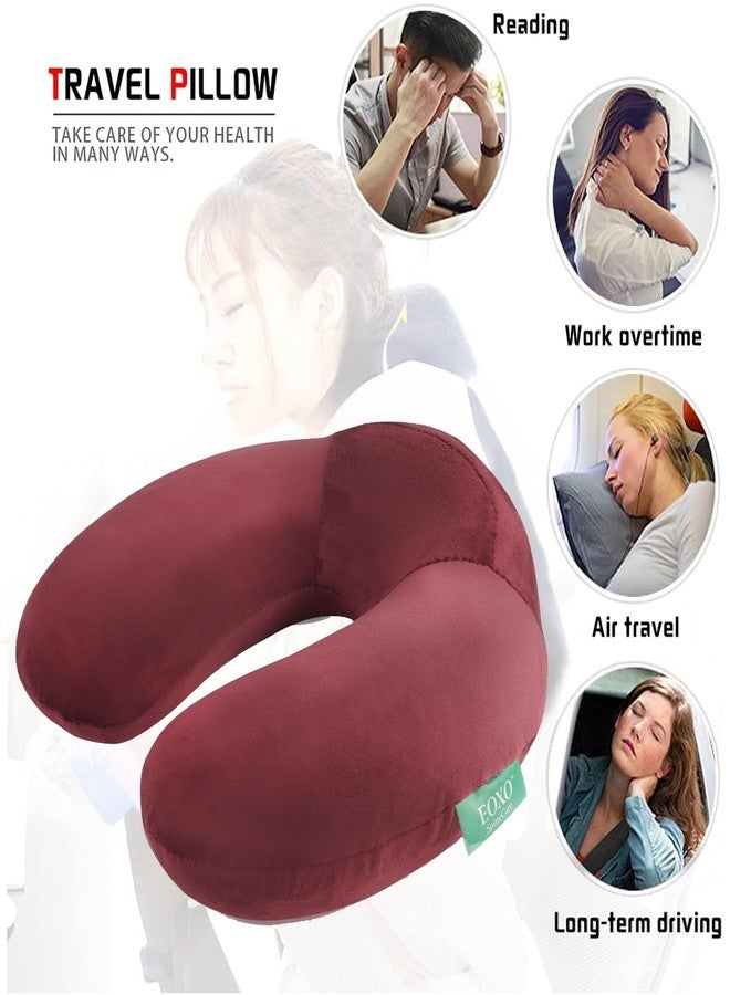 EOXO Memory Foam Travel Neck Pillow Cushion for Flight, Car & Office | U-Shaped Headrest with Soft Velvet Cover | Portable & Ergonomic Design (Wine) - Image 3