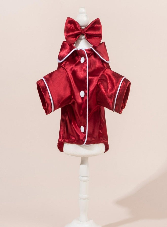 Layheld Cat Puppy Costume Elegant Satin Pajamas with Bow Headband 2PCs Set Pet Sleepwear Cute Pet Outfit Cosplay Partywear Photoshoots (red Set,X-Large) - Image 2