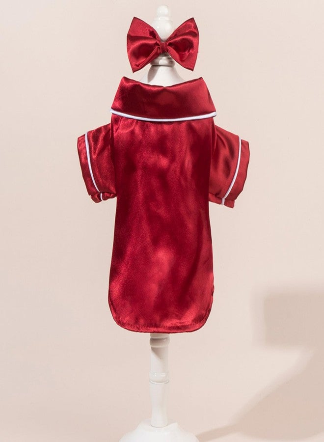 Layheld Cat Puppy Costume Elegant Satin Pajamas with Bow Headband 2PCs Set Pet Sleepwear Cute Pet Outfit Cosplay Partywear Photoshoots (red Set,X-Large) - Image 3