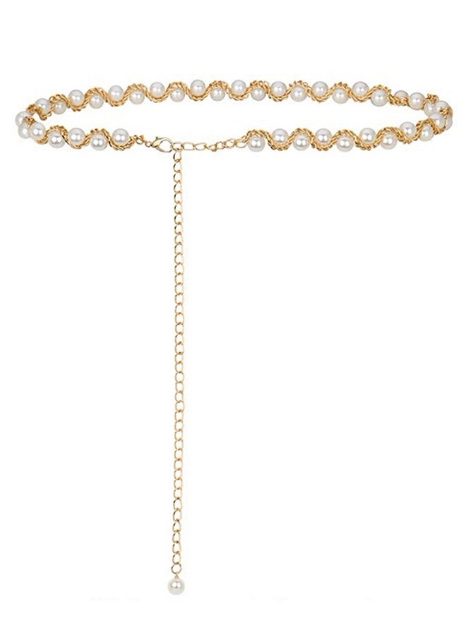 JUXINGDAZYF Pearl Chain Waist Chain Women's Dress Accessories Versatile Belt Waist Chain Beaded Belt (Gold) - Image 1