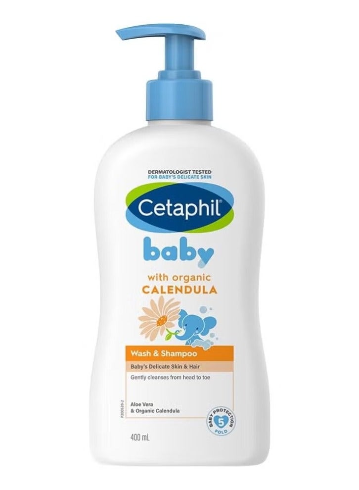 Baby Wash and Shampoo, Moisturizer gentle Cleanser, Foaming Wash with Organic Calendula, Unscented, 400ml