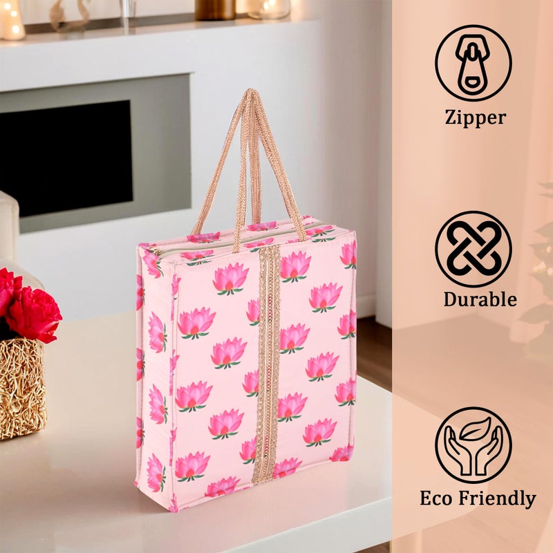 Kuber Industries Kuber Industries 2 Pcs Silk Cloth Bags for Gifting with Zipper, Lace and Handle | Handbag Housewarming Ceremony Shagun Traditional Bag for Return Gifts | Lotus Print - Cream  - Image 5