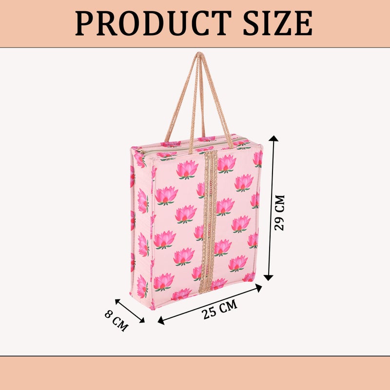 Kuber Industries Kuber Industries 2 Pcs Silk Cloth Bags for Gifting with Zipper, Lace and Handle | Handbag Housewarming Ceremony Shagun Traditional Bag for Return Gifts | Lotus Print - Cream  - Image 3
