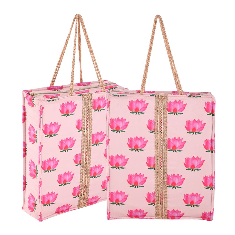 Kuber Industries Kuber Industries 2 Pcs Silk Cloth Bags for Gifting with Zipper, Lace and Handle | Handbag Housewarming Ceremony Shagun Traditional Bag for Return Gifts | Lotus Print - Cream  - Image 1