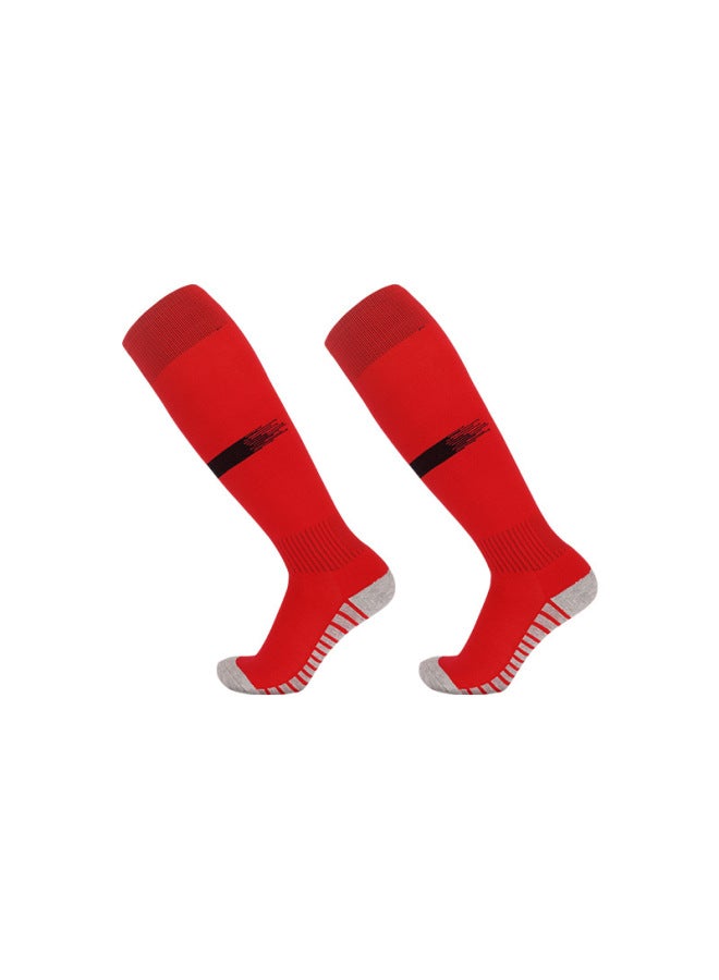 Red And Black Adult Summer High-tube Football Socks, Breathable Towel-soled Training Sports Socks, Children's Non-slip Long-tube Socks
