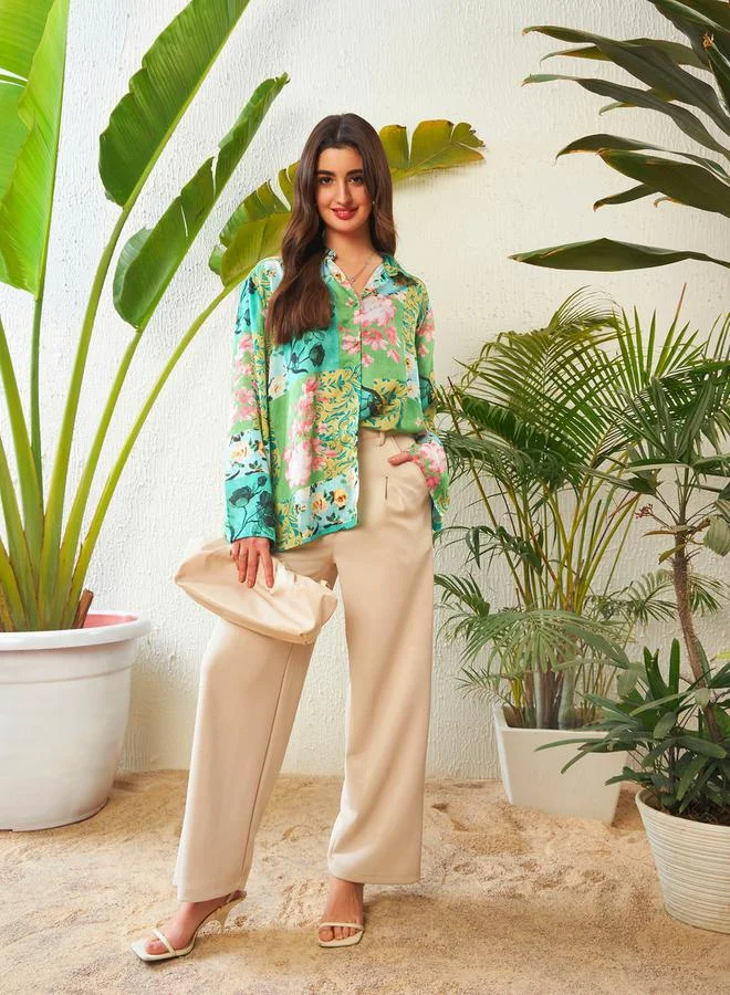 ساسافراس قميص بأكمام طويلة وطبعة زهور كبير الحجم من ستايلي