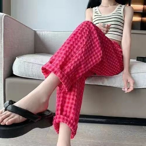 2024 Summer New Korean Plaid Sweet and Comfortable Breathable Home Walking Pajama Pants Fresh All-match Outer Wear Trousers Red plaid [main recommendation] 