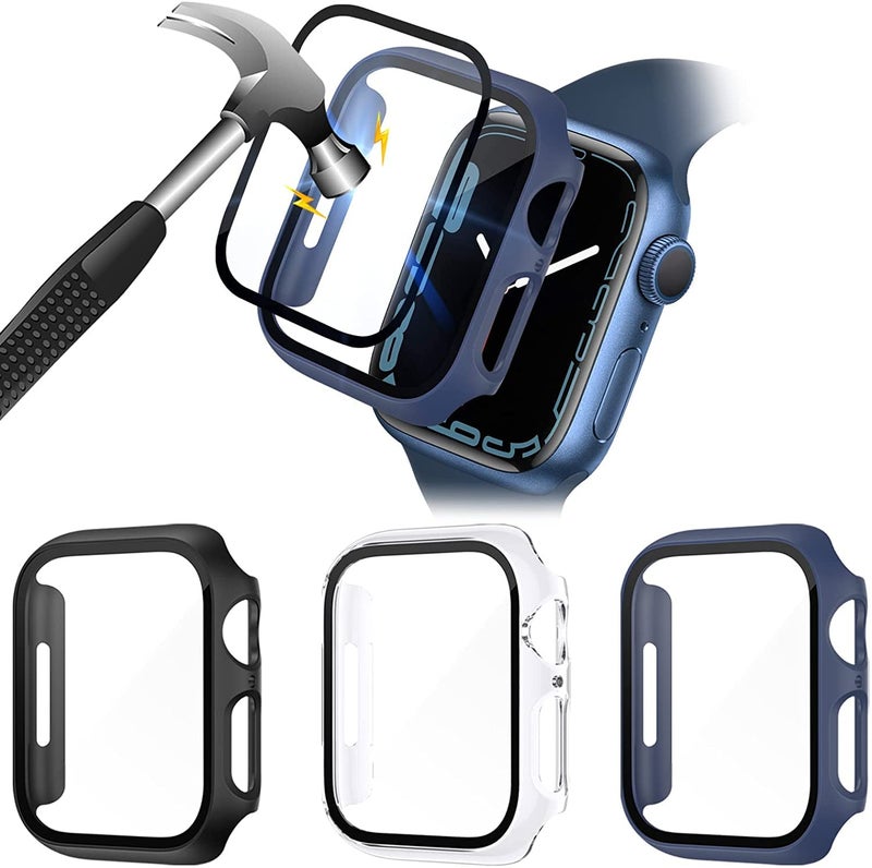 Excefore Apple Watch Series 7 45mm Hard PC Case with Tempered Glass Screen Protector, Full Coverage, Ultra-Thin, Touch Sensitive, Black/Clear/Blue - Image 3