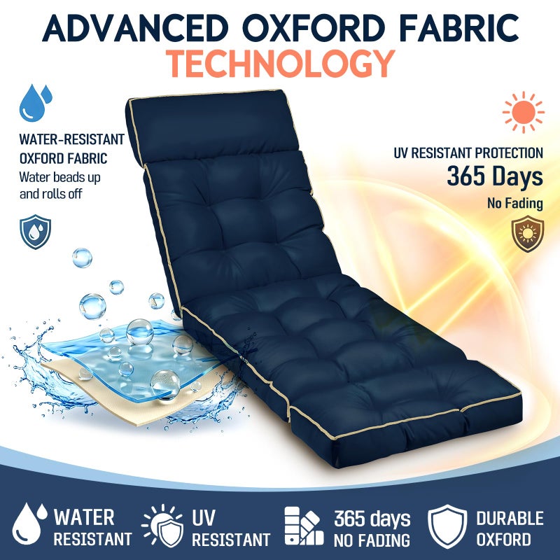 MAGIC ELEPHANT Chaise Lounge Cushion Outdoor, Memory Foam Replacement Patio Pool Lounge Chair Cushion with Ties for Outdoor Furniture, 74 x 22 x 4 Inch (Oxford Blue) - Image 4