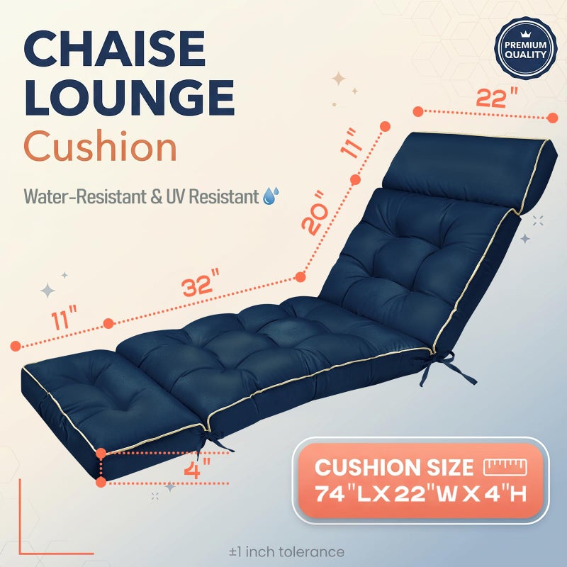 MAGIC ELEPHANT Chaise Lounge Cushion Outdoor, Memory Foam Replacement Patio Pool Lounge Chair Cushion with Ties for Outdoor Furniture, 74 x 22 x 4 Inch (Oxford Blue) - Image 3