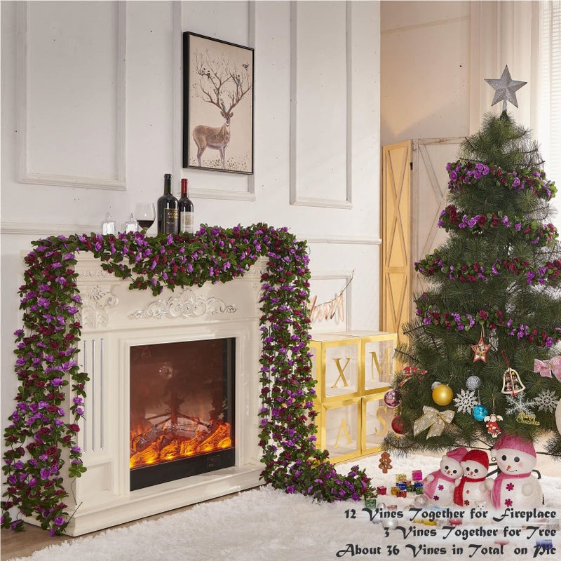 PONKING 8 Pcs x 8.2 ft Flower Garland Artificial Rose Vine Flowers with Green Leaves Hanging Fake Roses Vine for Room Party Home Wedding Birthday Christmas Wall Arch Decor, Spring Purple Flower - Image 3