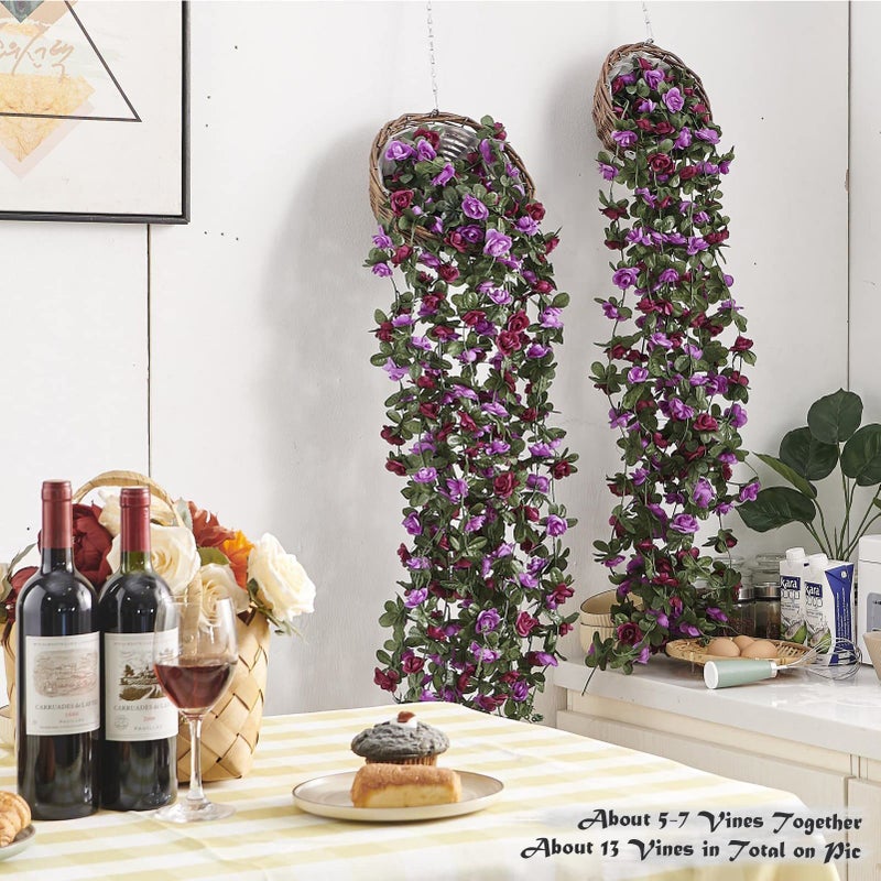 PONKING 8 Pcs x 8.2 ft Flower Garland Artificial Rose Vine Flowers with Green Leaves Hanging Fake Roses Vine for Room Party Home Wedding Birthday Christmas Wall Arch Decor, Spring Purple Flower - Image 2