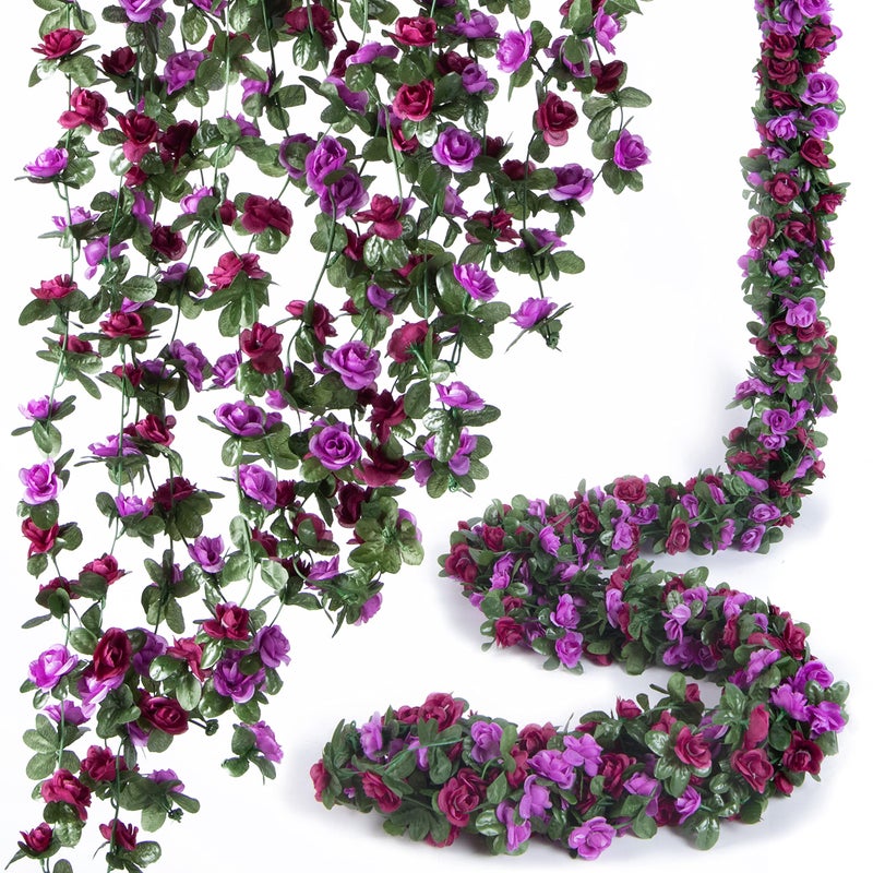 PONKING 8 Pcs x 8.2 ft Flower Garland Artificial Rose Vine Flowers with Green Leaves Hanging Fake Roses Vine for Room Party Home Wedding Birthday Christmas Wall Arch Decor, Spring Purple Flower - Image 1