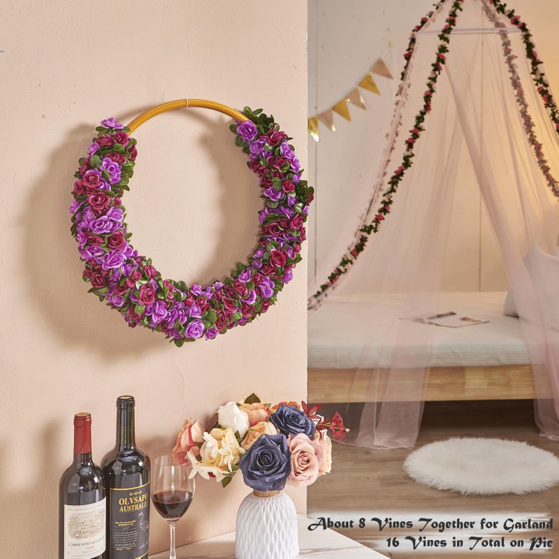 PONKING 8 Pcs x 8.2 ft Flower Garland Artificial Rose Vine Flowers with Green Leaves Hanging Fake Roses Vine for Room Party Home Wedding Birthday Christmas Wall Arch Decor, Spring Purple Flower - Image 4