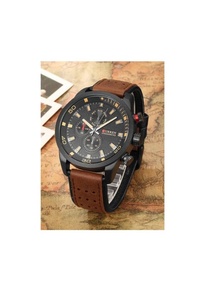 ساعة كرونوغراف رجالية مقاومة للماء من الجلد WT-CU-8250-B - 48 مم - بني - Image 3
