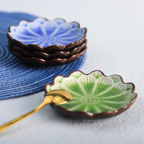 Gaolinci 4 Inches Lotus Shaped Ice Crack Ceramics Seasoning Dishes/Tea Bag Holders/Ketchup Saucer/Appetizer Plates/Vinegar Spice Salad Soy Sushi Wasabi Seasoning Dipping Dishes (Set of 4) - Image 3