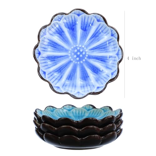 Gaolinci 4 Inches Lotus Shaped Ice Crack Ceramics Seasoning Dishes/Tea Bag Holders/Ketchup Saucer/Appetizer Plates/Vinegar Spice Salad Soy Sushi Wasabi Seasoning Dipping Dishes (Set of 4) - Image 2