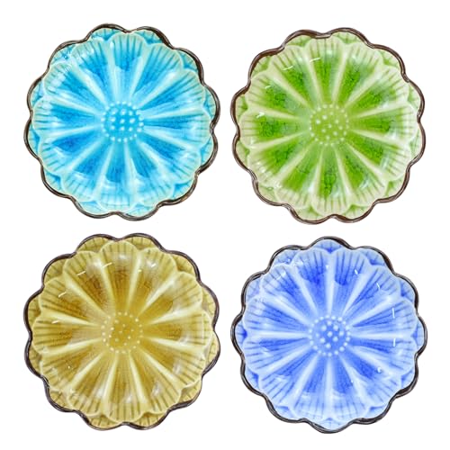 Gaolinci 4 Inches Lotus Shaped Ice Crack Ceramics Seasoning Dishes/Tea Bag Holders/Ketchup Saucer/Appetizer Plates/Vinegar Spice Salad Soy Sushi Wasabi Seasoning Dipping Dishes (Set of 4) - Image 1