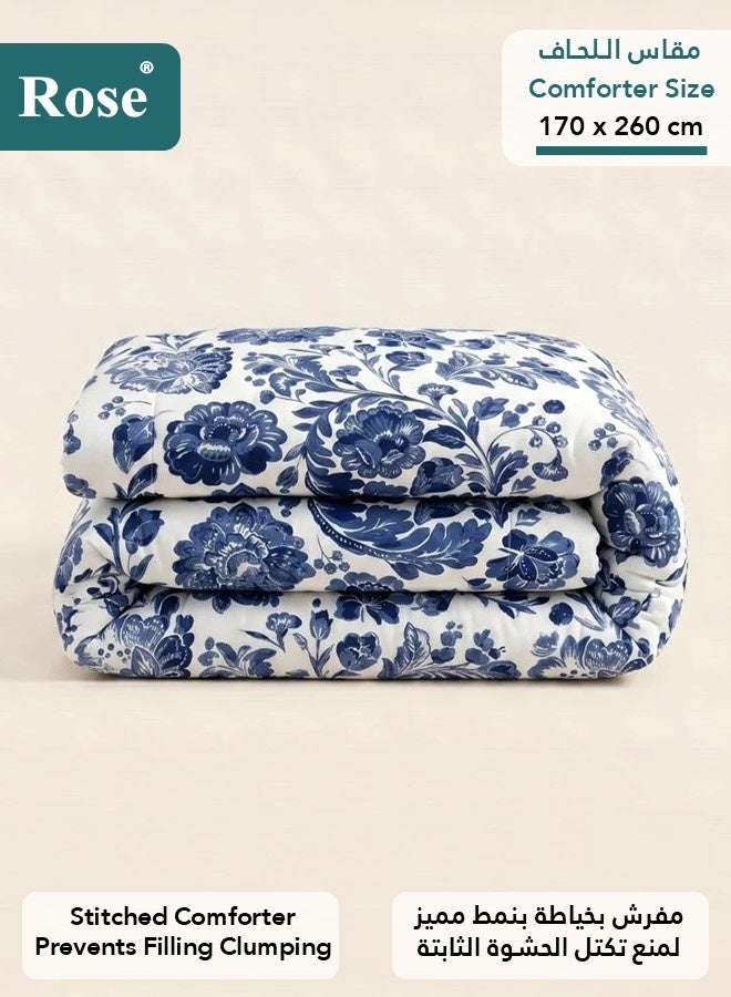 Rose Floral Comforter Set, High Quality Microfiber, 4 Pieces, Fits 120x200 cm Single Size Bed, Soft Cooling Breathable, Stylish Printed Elegance, Extra Twin Size Comforter 170x260 cm, Dark Blue Flowers - Image 3